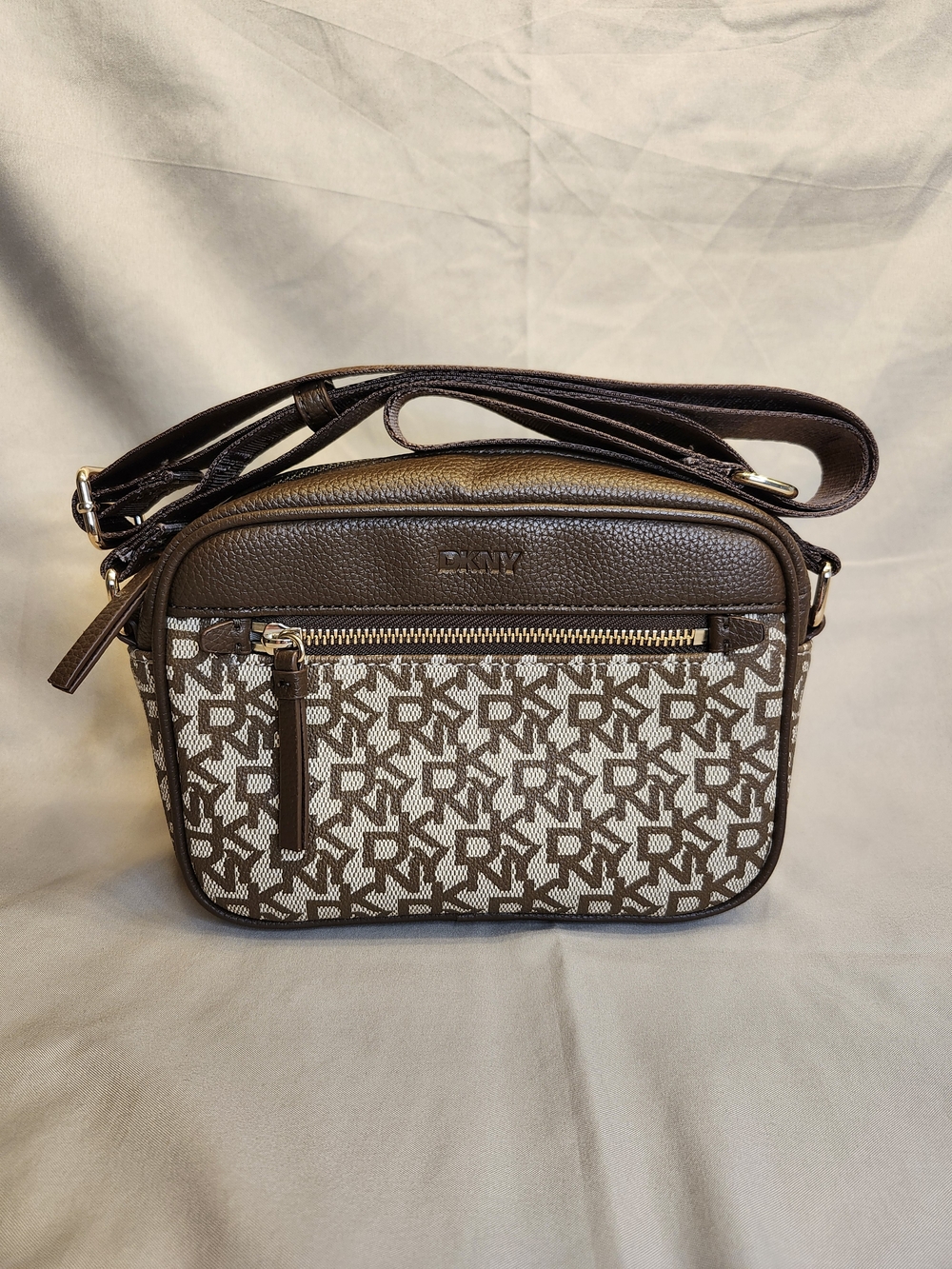 DKNY Brown and Cream Logo Crossbody Bag with Gold Hardware